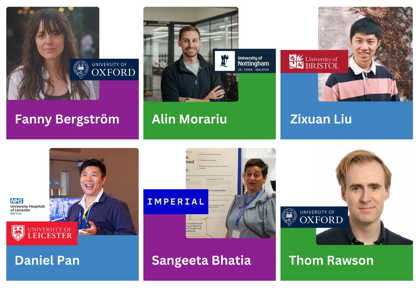 Photos of our six new fellows plus their university logos